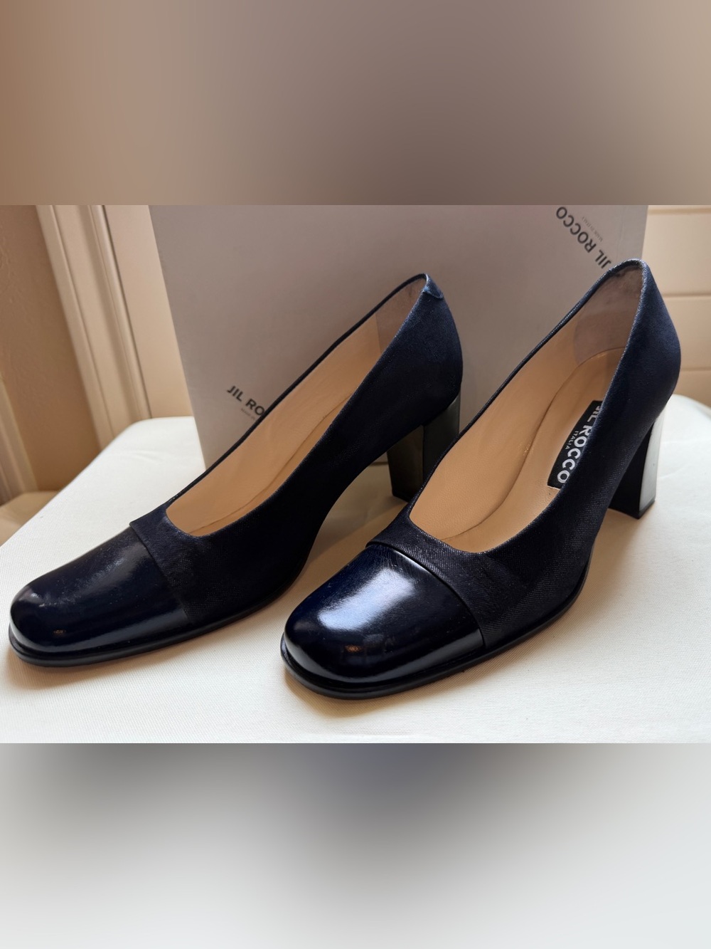 Jil Rocco Cap-Toe Block Heel Pumps - Blue/Black - EU Size 38 US 8